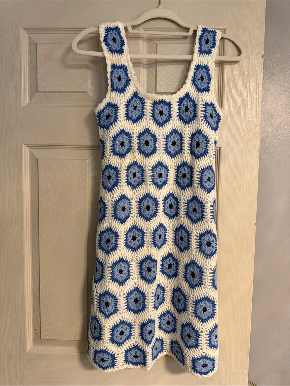 Blue & White Crochet Mini Dress - Women's Sleeveless